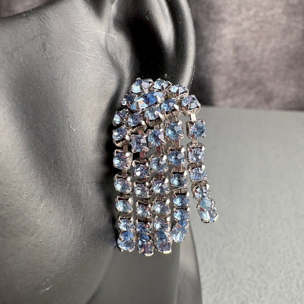 Vintage Light Blue Rhinestone Waterfall Fringe Clip On Earrings Silver Tone